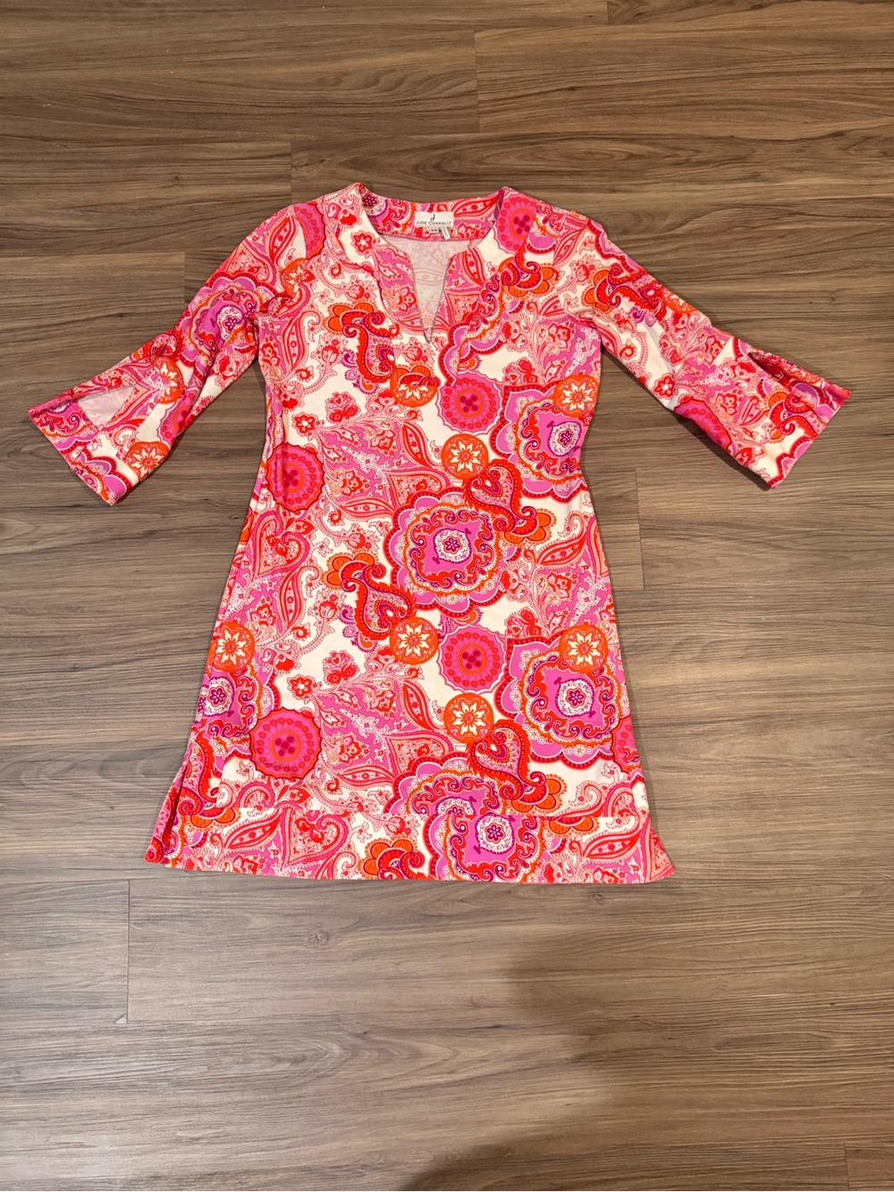 Judd Connally Pink & Red Paisley Mini Dress with V-Notch Neck